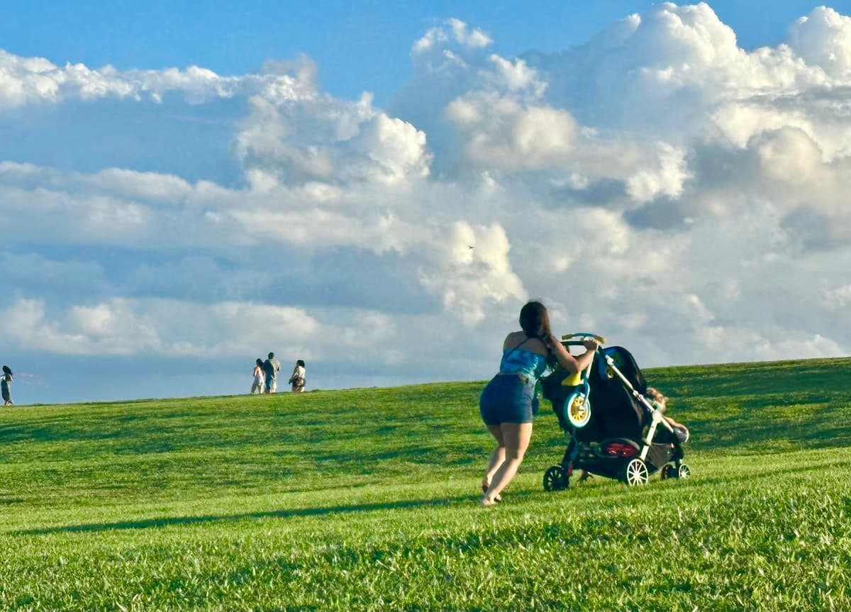 Parent pushing stroller up a sunny grassy hill in summer with a diaper bag